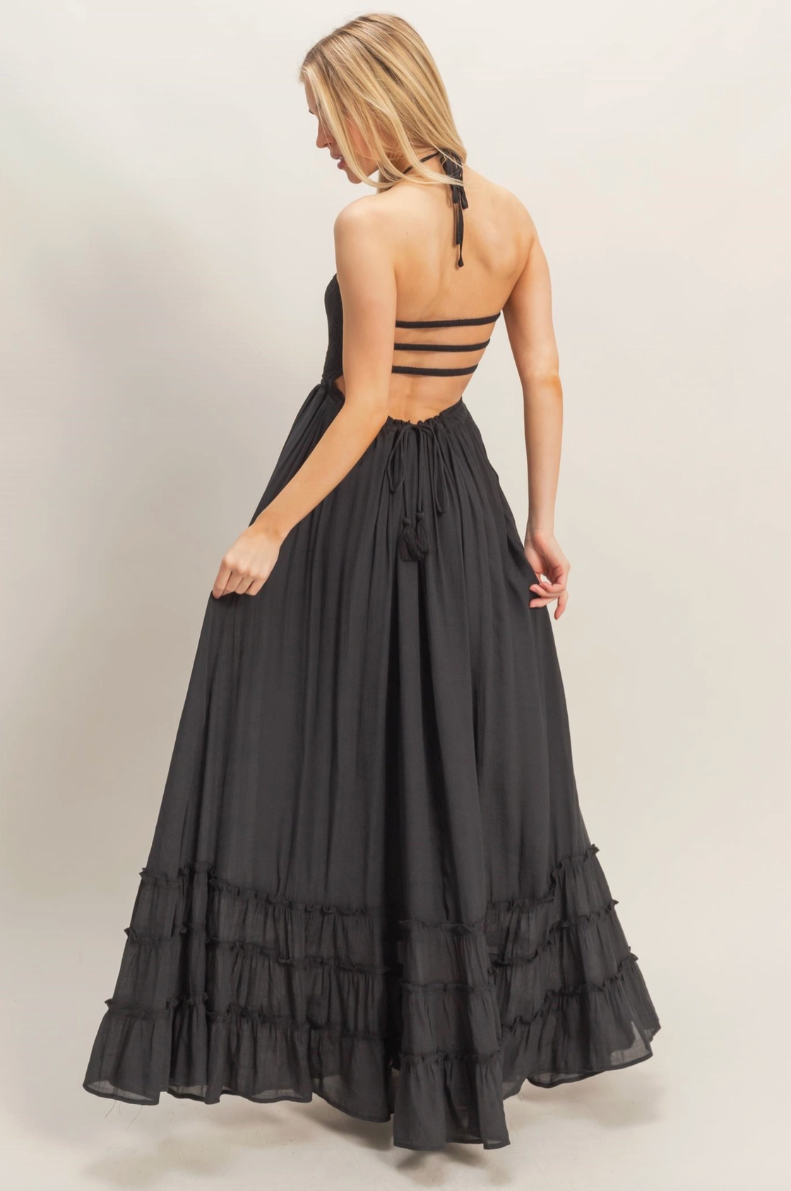 Long Black Maxi Halter Top Dress with Statement Back