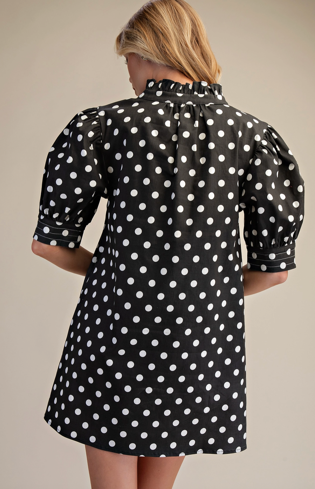 Ruffle V-Neck Black and White Polka Dot Puff Sleeve Dress with Pockets