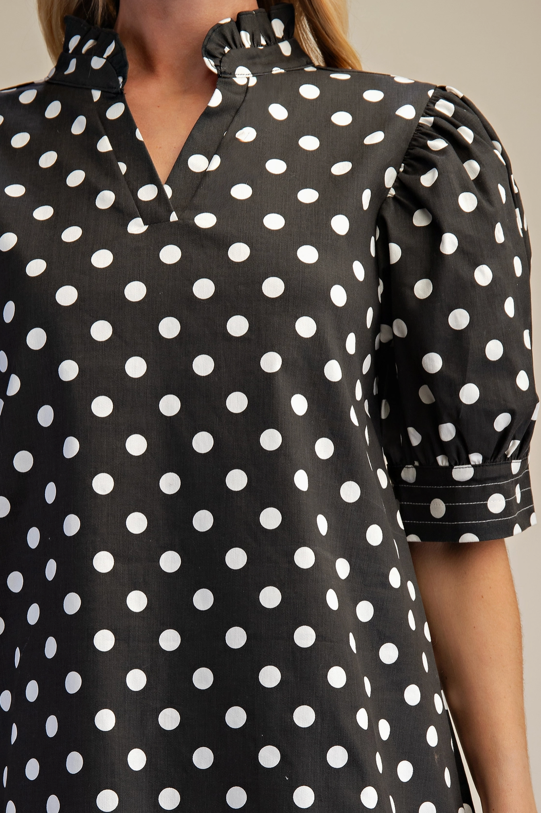 Ruffle V-Neck Black and White Polka Dot Puff Sleeve Dress with Pockets
