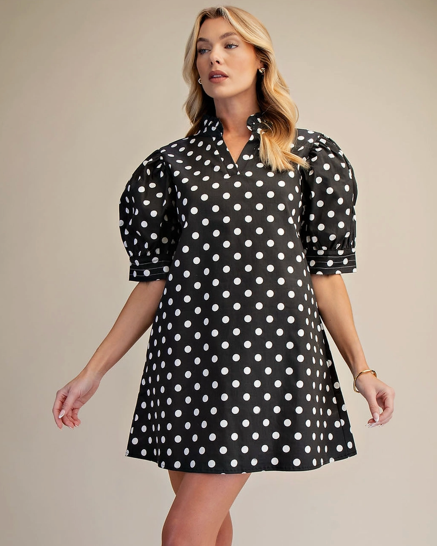 Ruffle V-Neck Black and White Polka Dot Puff Sleeve Dress with Pockets