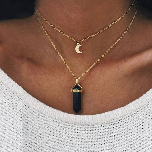 14" Double Chain Choker Necklace w/ Moon and Black Stone