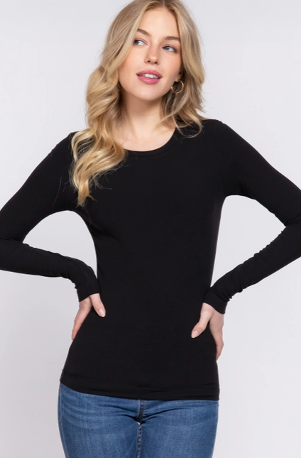 Black Basic Ribbed Long Sleeve Crew Neck Shirt
