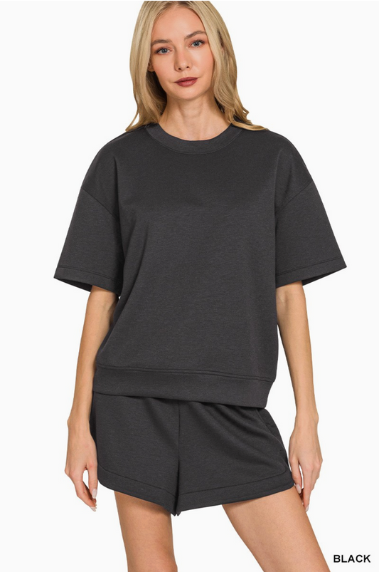 Black Zenana Scuba Round Neck Top & Dolphin Shorts Set