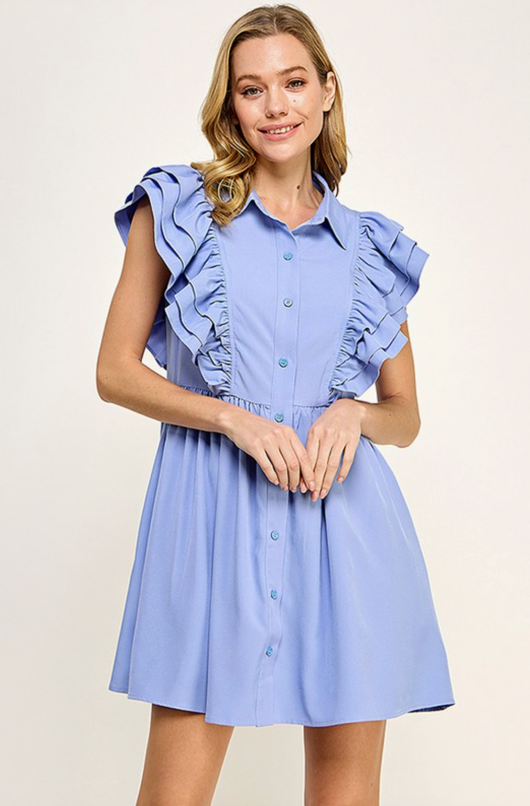 Periwinkle Blue Collared Button Down Ruffle Sleeve Dress