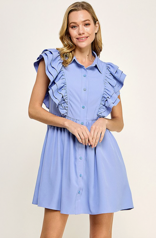 Periwinkle Blue Collared Button Down Ruffle Sleeve Dress