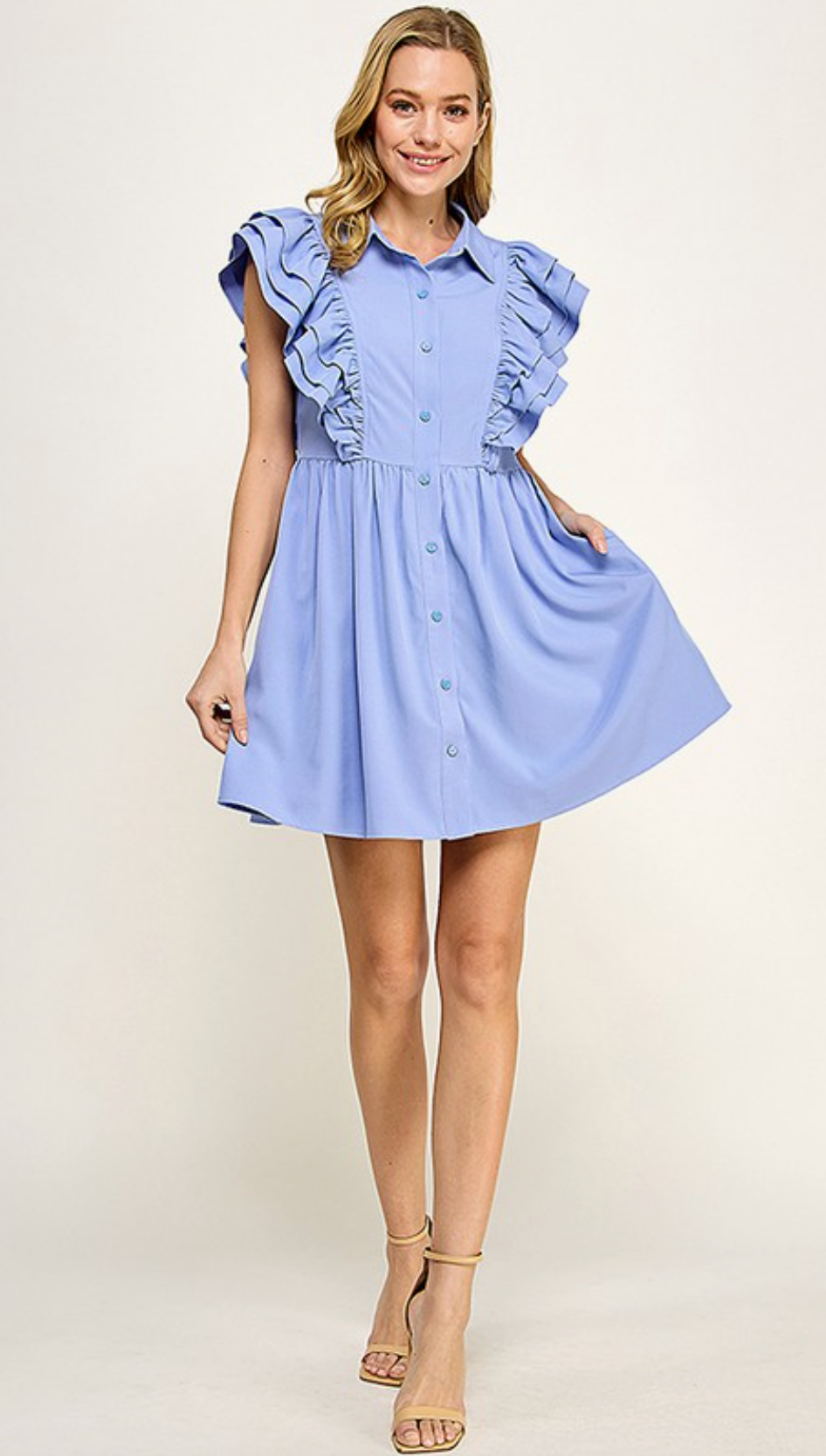 Periwinkle Blue Collared Button Down Ruffle Sleeve Dress