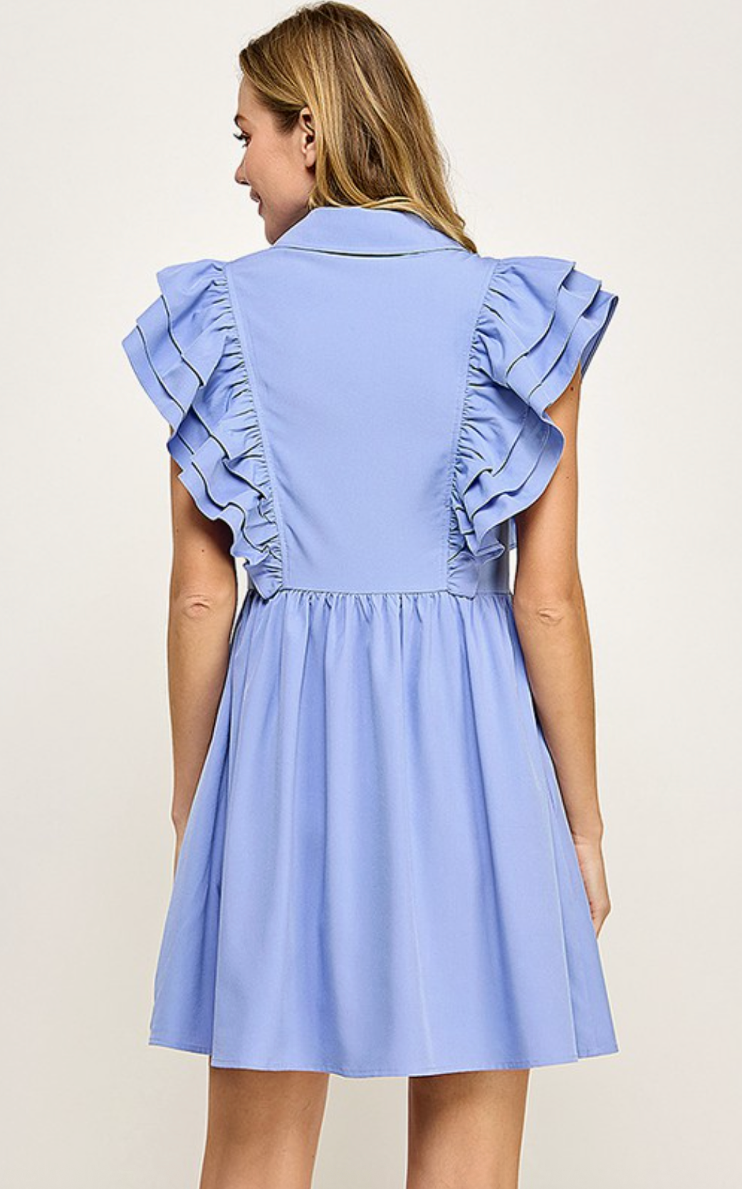 Periwinkle Blue Collared Button Down Ruffle Sleeve Dress