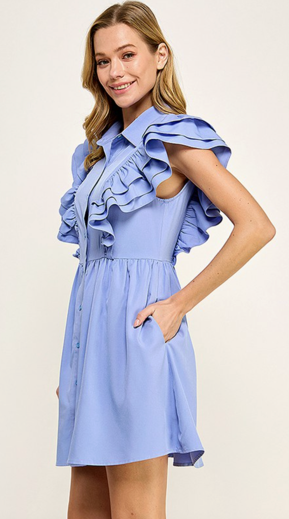 Periwinkle Blue Collared Button Down Ruffle Sleeve Dress