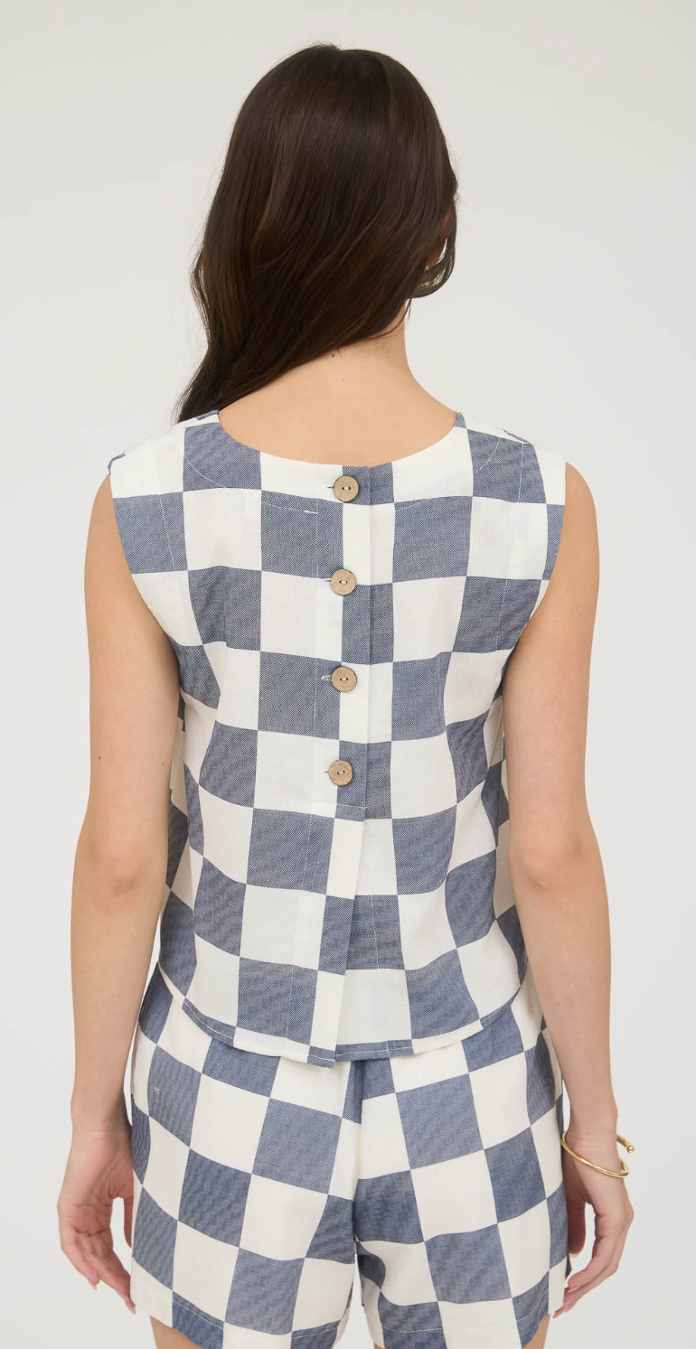 Checkered Navy Linen Blend Sleeveless Top with Button Down Back Closure & Matching Shorts Set