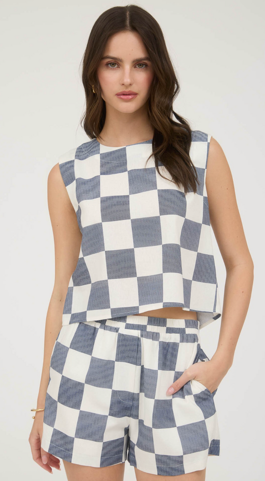 Checkered Navy Linen Blend Sleeveless Top with Button Down Back Closure & Matching Shorts Set