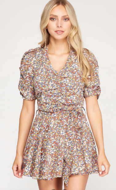 Woven Printed Floral Puff Sleeve Romper Dress