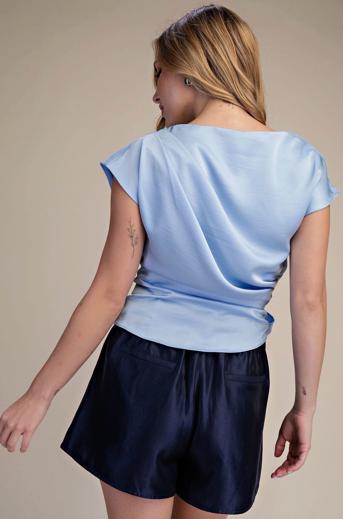 Sky Blue Asymmetrical Neckline Bow Tie Waist Top