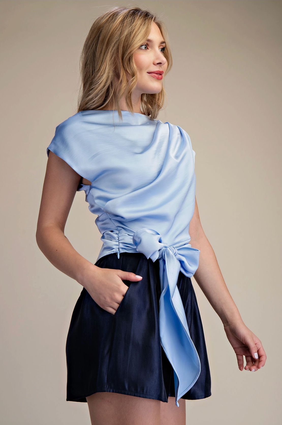 Sky Blue Asymmetrical Neckline Bow Tie Waist Top