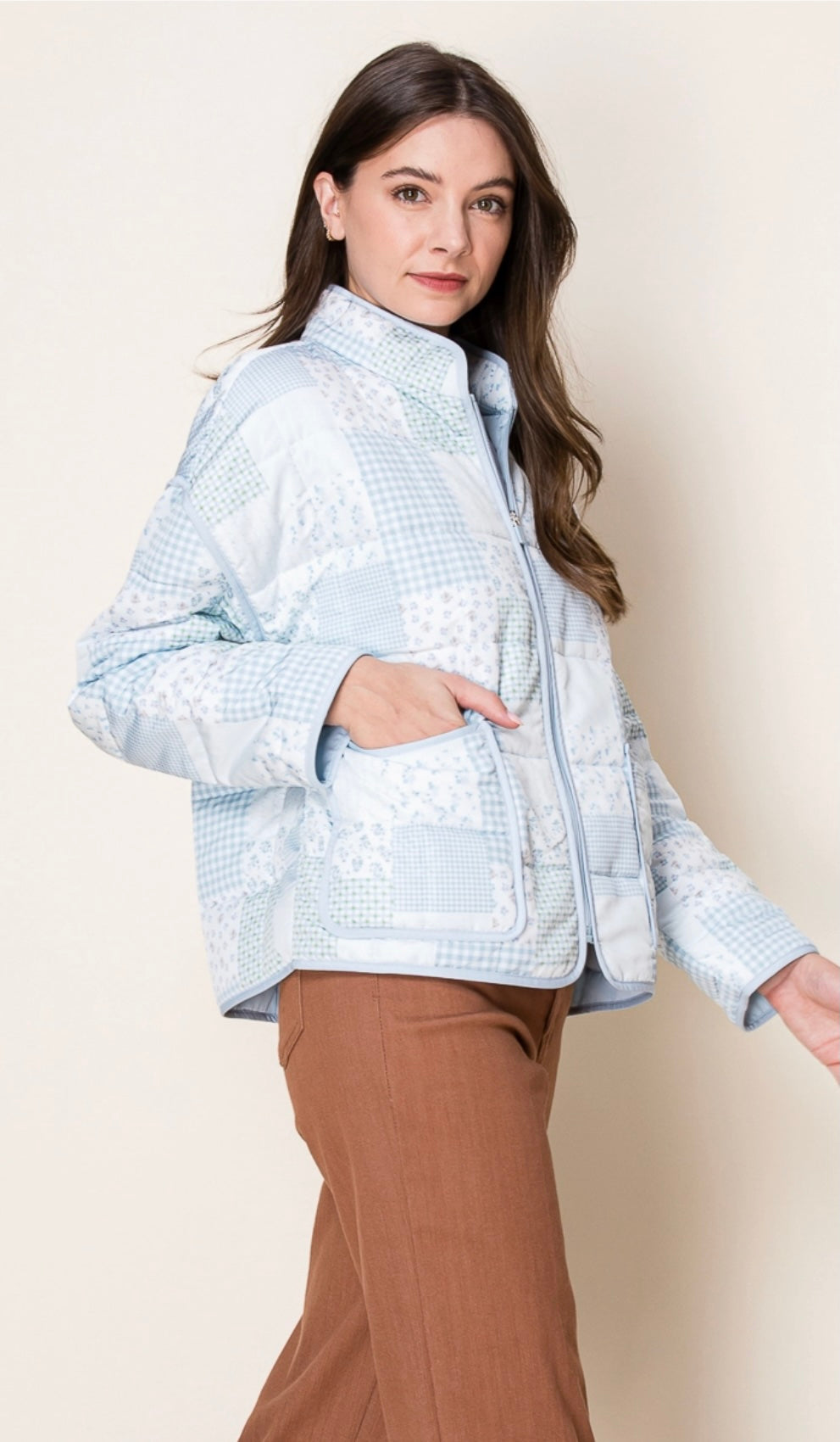 Blue Tones Whimsical Patchwork Quilted Zipper Jacket