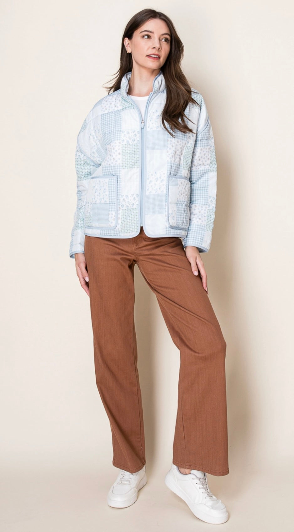 Blue Tones Whimsical Patchwork Quilted Zipper Jacket