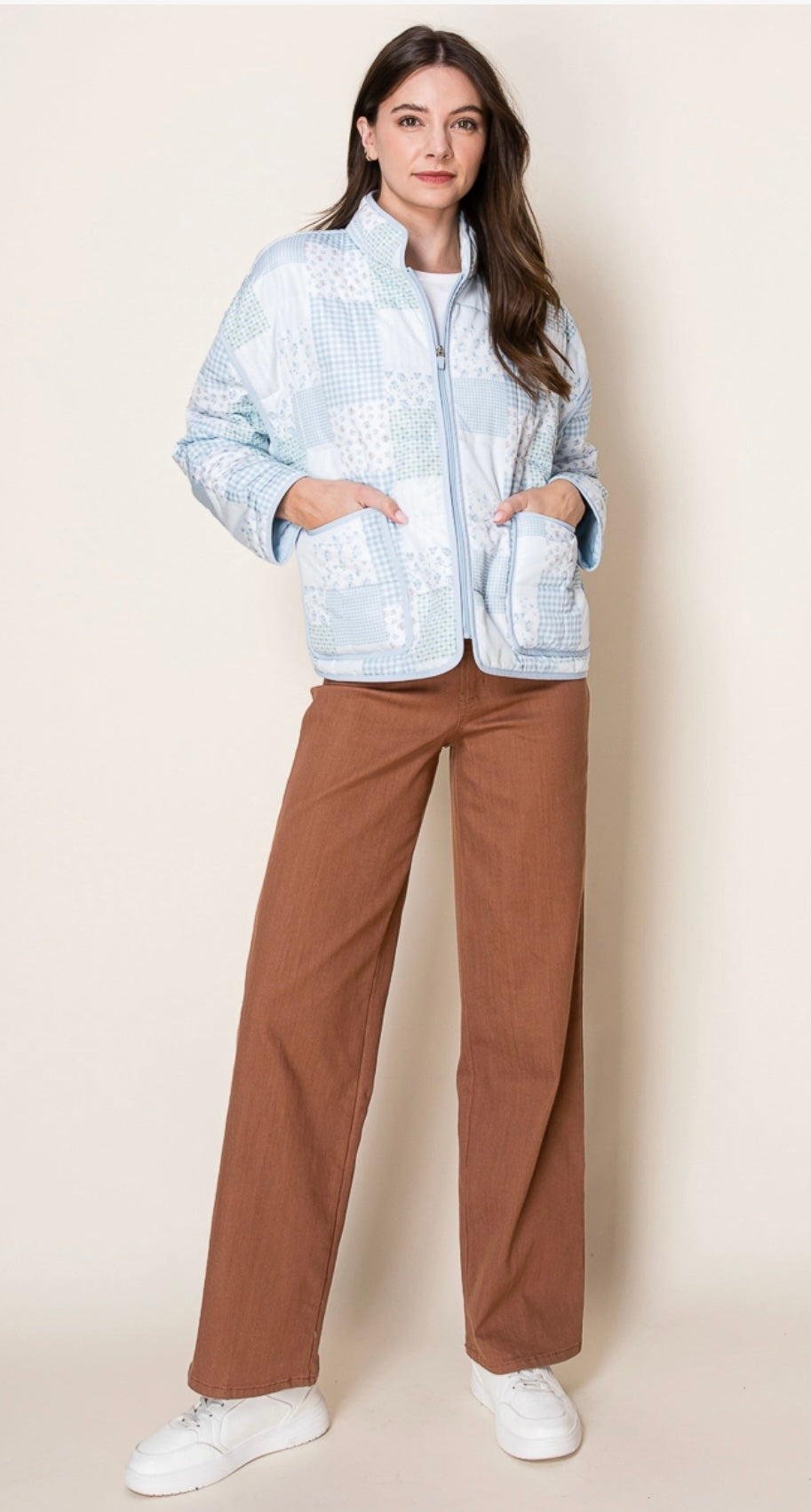 Blue Tones Whimsical Patchwork Quilted Zipper Jacket