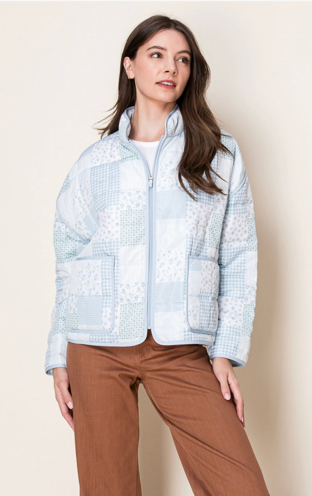 Blue Tones Whimsical Patchwork Quilted Zipper Jacket