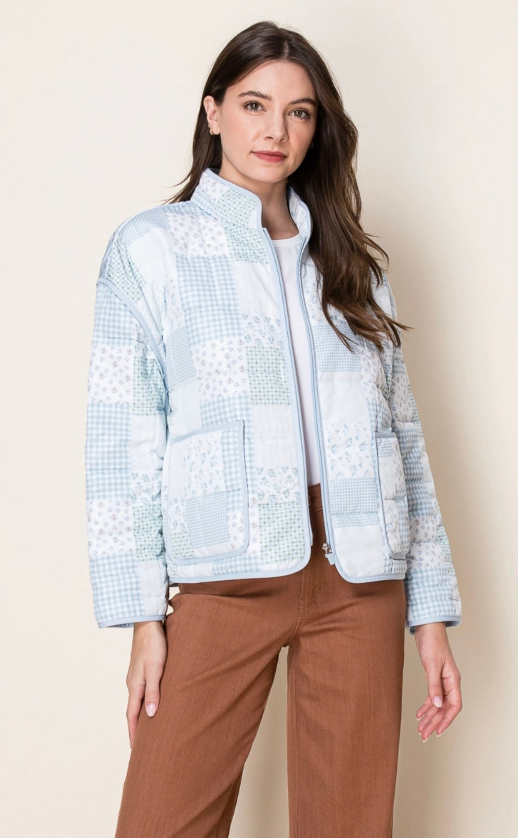 Blue Tones Whimsical Patchwork Quilted Zipper Jacket