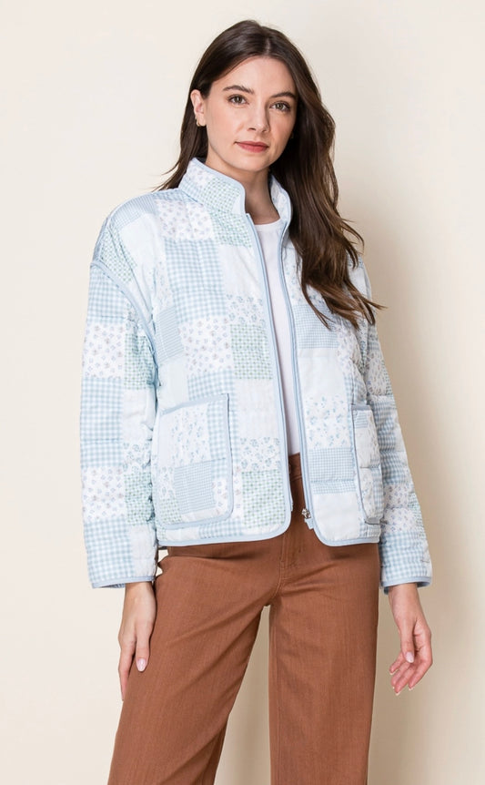Blue Tones Whimsical Patchwork Quilted Zipper Jacket