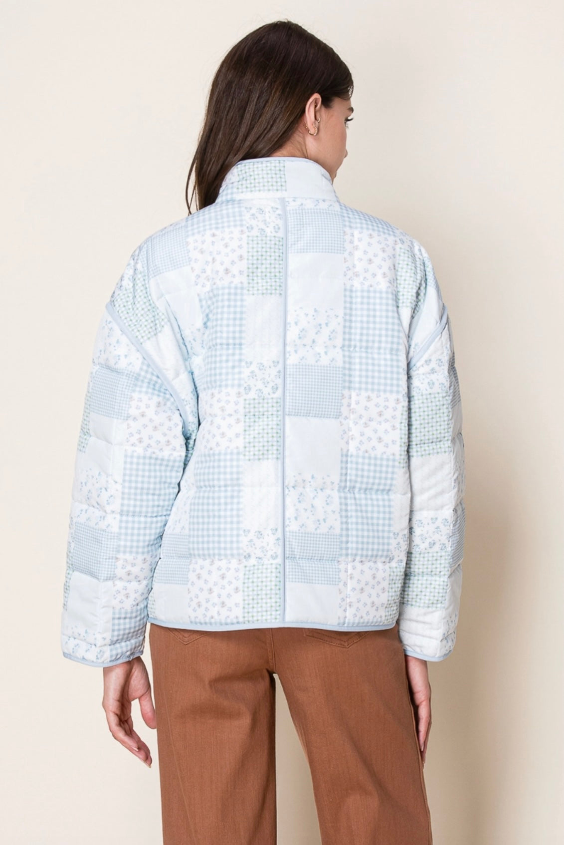 Blue Tones Whimsical Patchwork Quilted Zipper Jacket