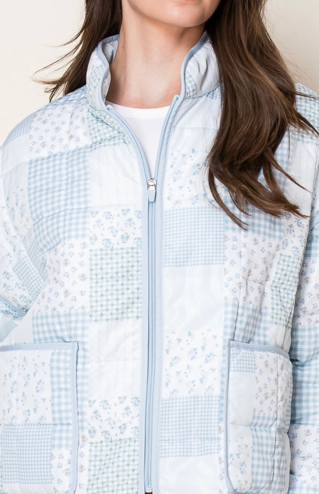 Blue Tones Whimsical Patchwork Quilted Zipper Jacket