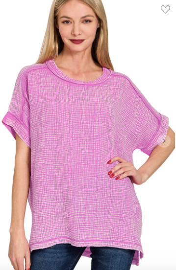 Zenana Pink Acid Washed Double Gauze Round-neck Tee