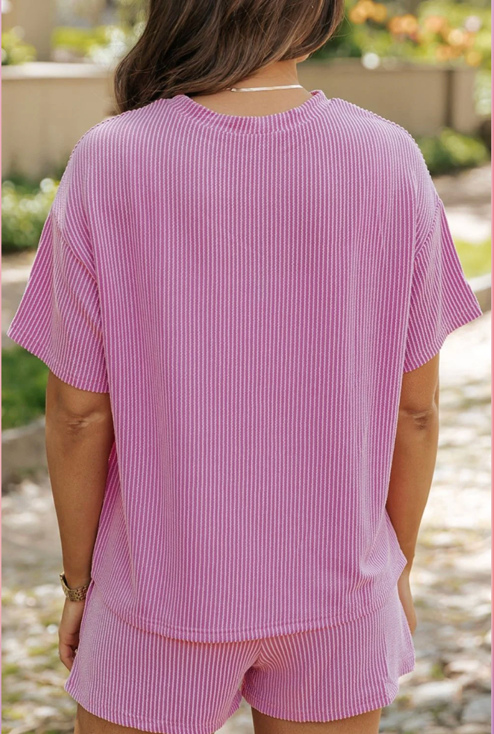 Pink Short Sleeved Ribbed Sequin Easter Bunny Patch Two Piece Set