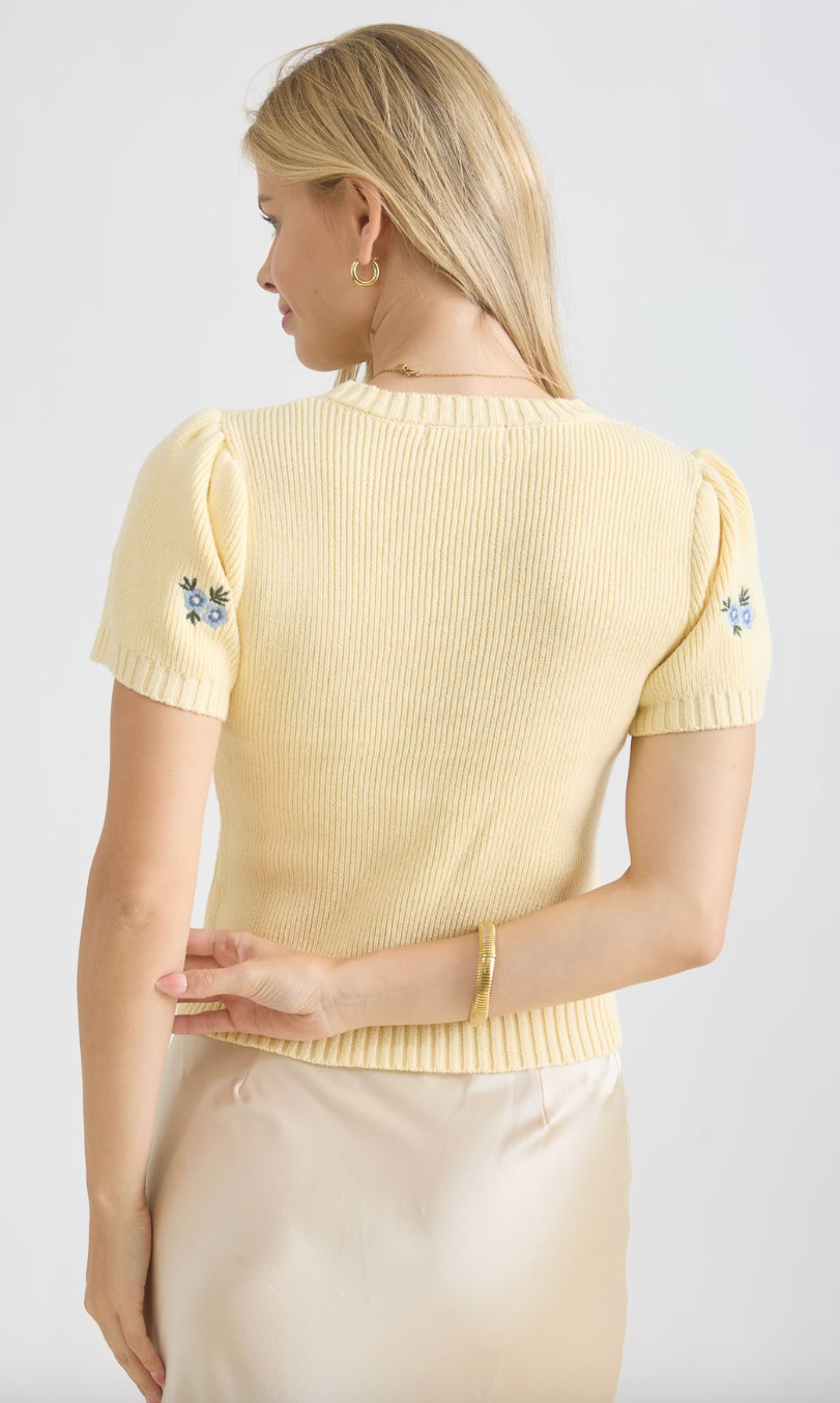 Butter Yellow Short Sleeve Sweater with Blue Floral Embroidery Embellishments Top