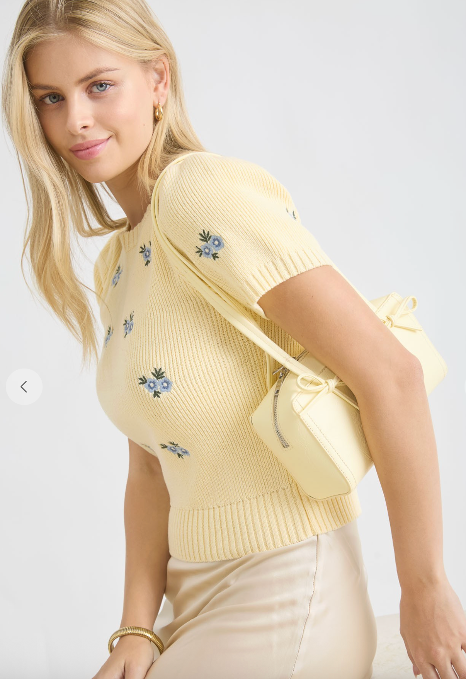 Butter Yellow Short Sleeve Sweater with Blue Floral Embroidery Embellishments Top
