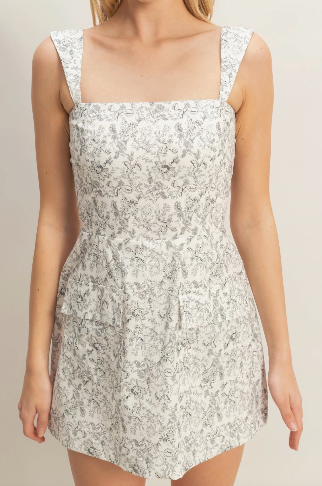 Black and Off White Floral Square Neck Mini Dress Romper