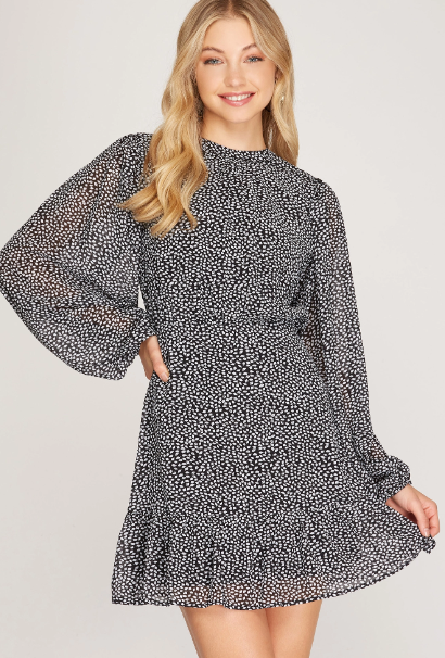 Black and White Long Sleeve Woven Print Dress with Flounce Hem