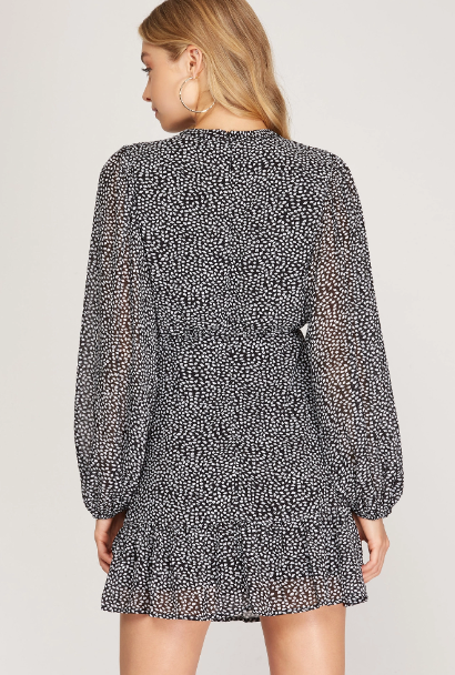 Black and White Long Sleeve Woven Print Dress with Flounce Hem