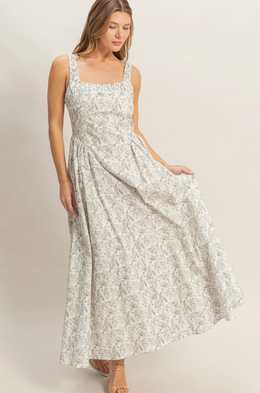 Ivory and Black Vintage Floral Pattern Maxi Dress