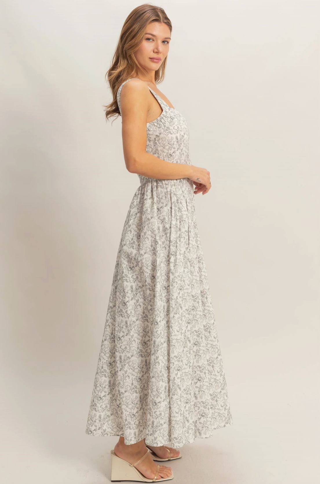 Ivory and Black Vintage Floral Pattern Maxi Dress