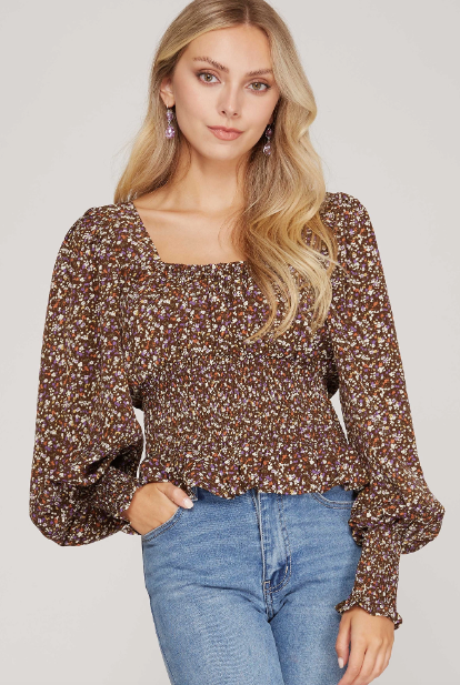 Long Floral Brown Puff Sleeve Peplum Top