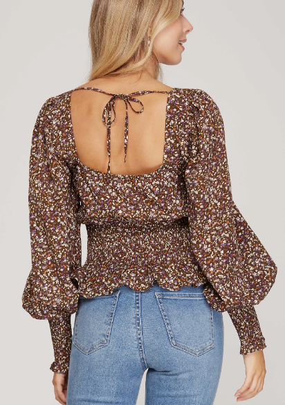 Long Floral Brown Puff Sleeve Peplum Top