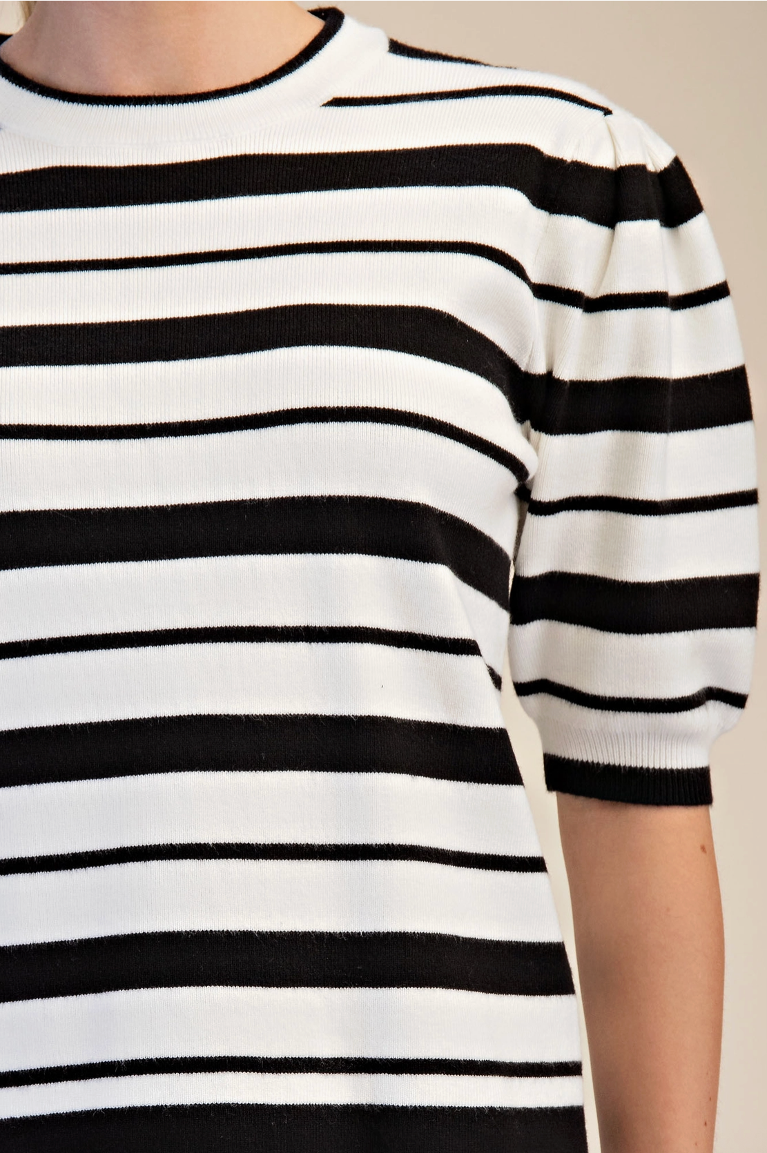 Black and White Stripe Round Neck Short Puff Sleeve Knit Sweater Top
