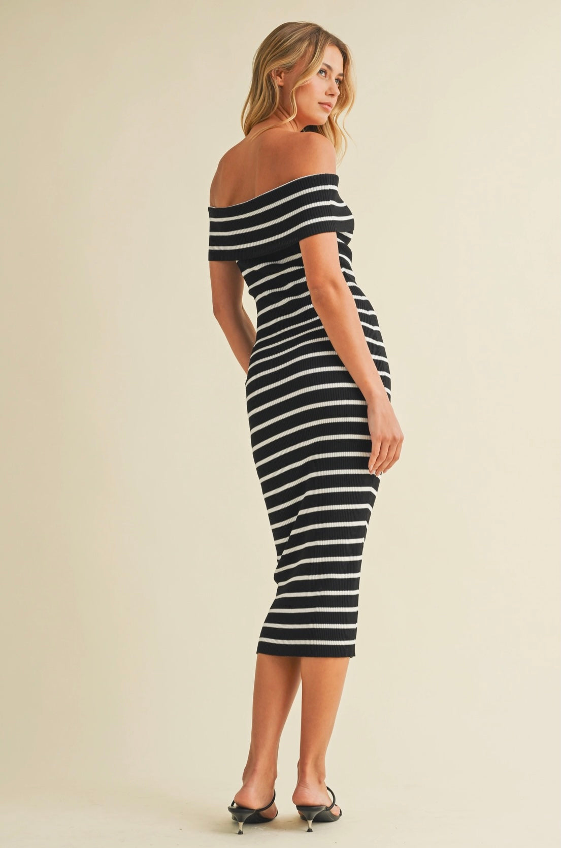 Black and White Stripe Off The Shoulder Midi Dress