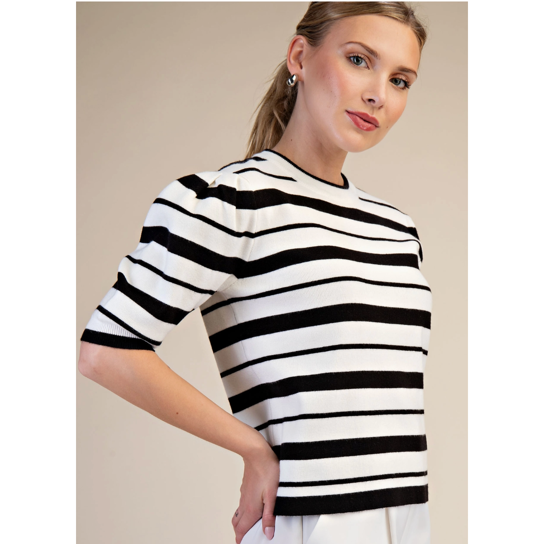 Black and White Stripe Round Neck Short Puff Sleeve Knit Sweater Top