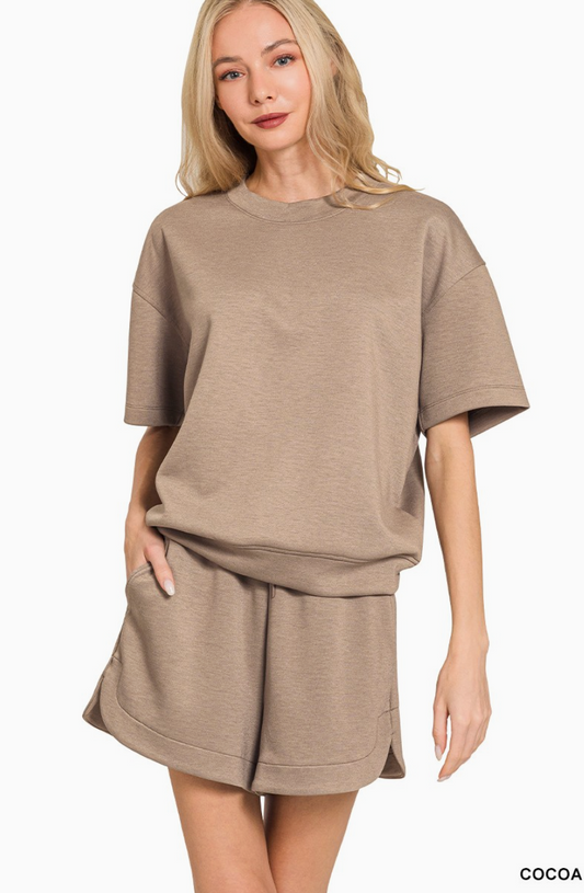 Zenana Cocoa Neutral Scuba Round Neck Top & Dolphin Shorts Set
