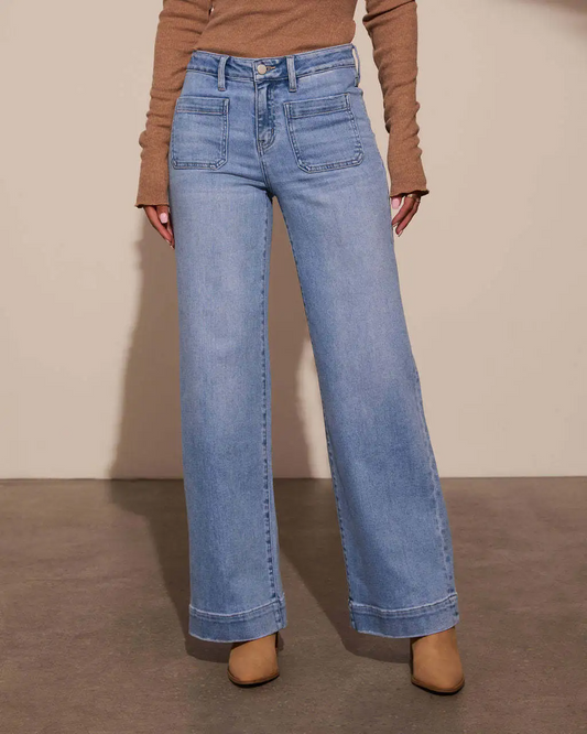 Light Wash Front Pocket Stretch Palazzo Denim Jeans