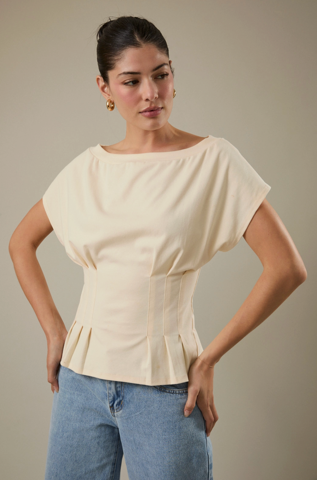 Butter Yellow Boat Neck Short Sleeve Pleated Waist Top
