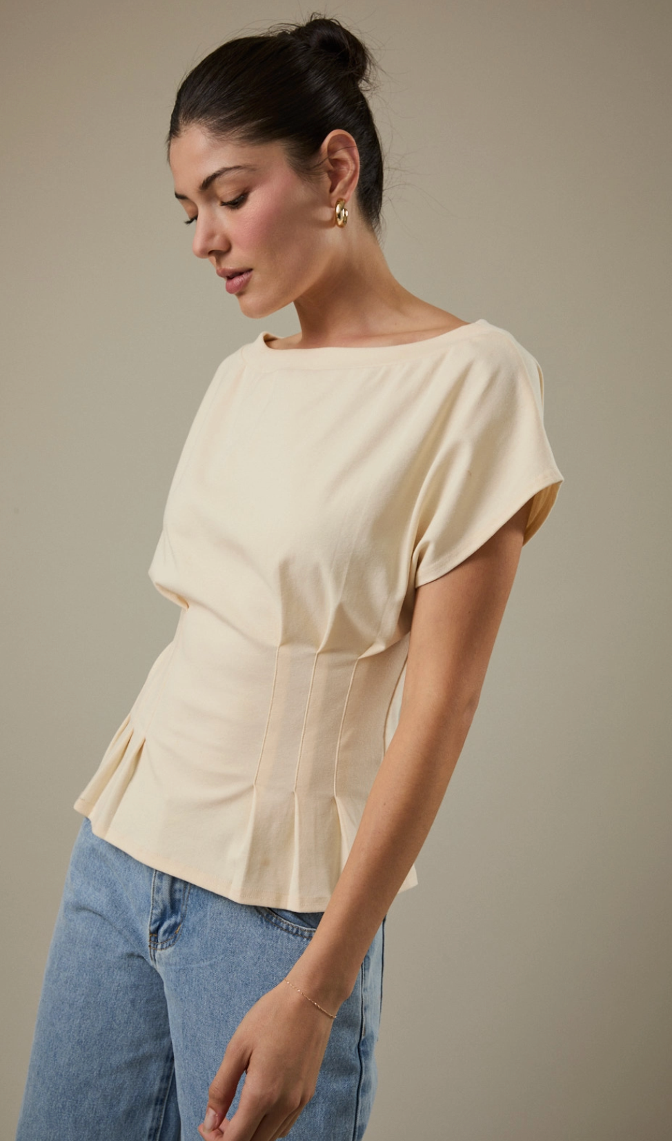 Butter Yellow Boat Neck Short Sleeve Pleated Waist Top