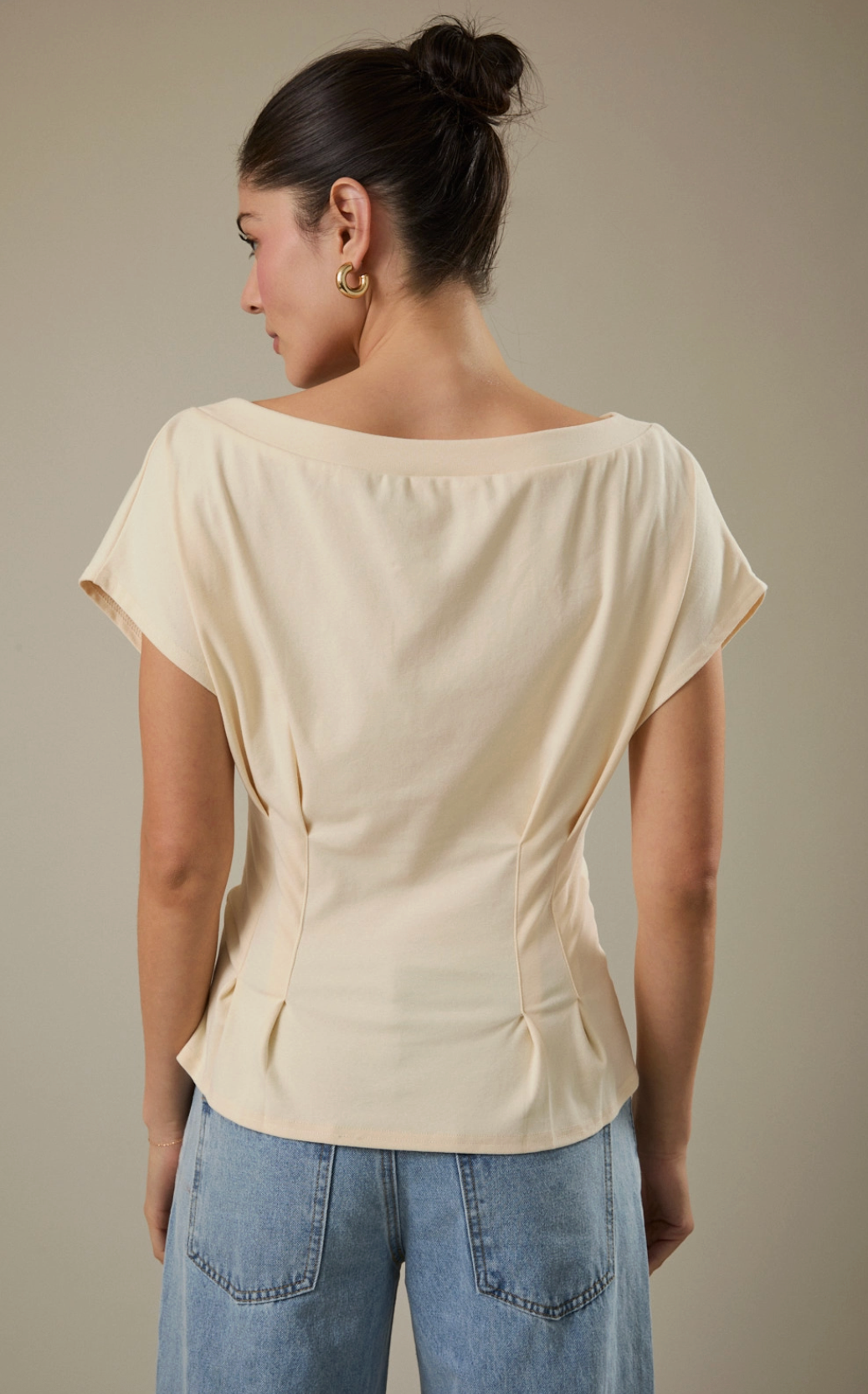 Butter Yellow Boat Neck Short Sleeve Pleated Waist Top