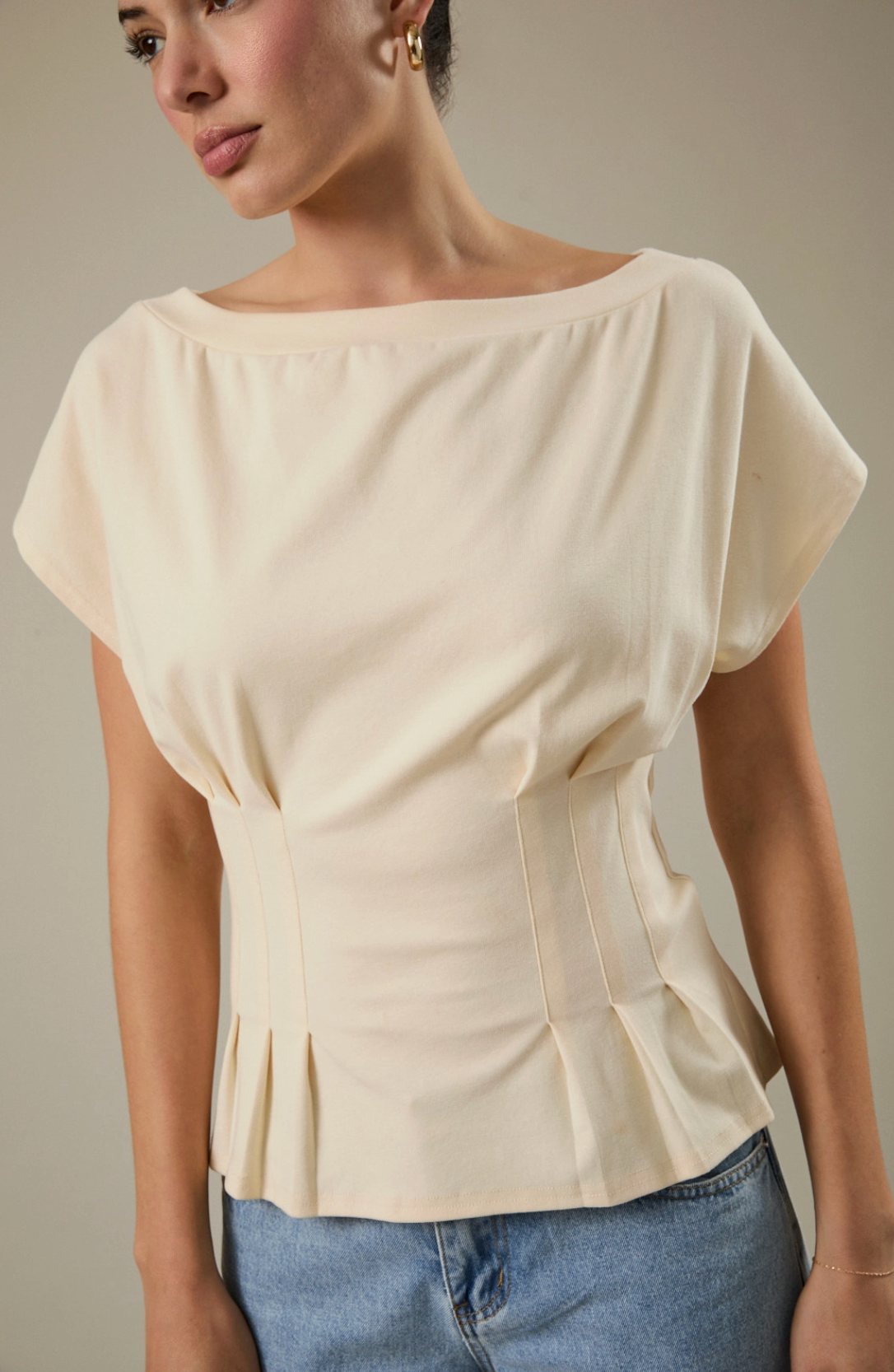 Butter Yellow Boat Neck Short Sleeve Pleated Waist Top