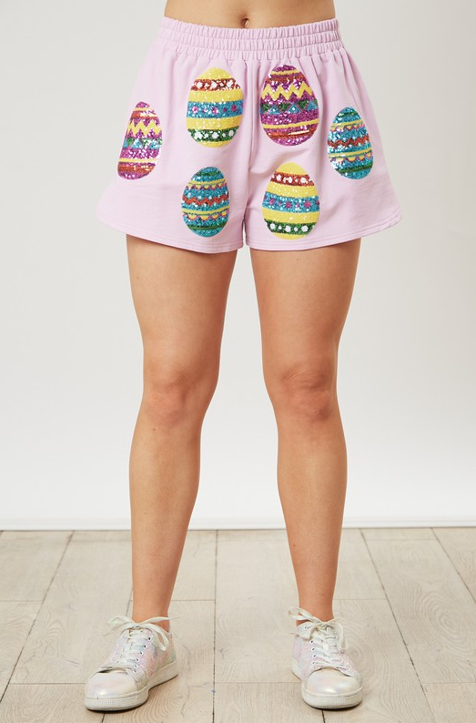 Light Pink Elastic Waist Sequin Easter Egg Shorts with Pockets