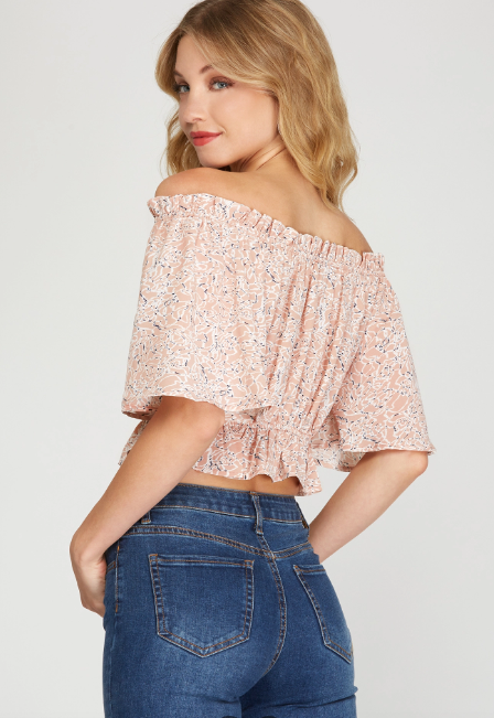 Pink Rose Off the Shoulder Woven Print Crop Top
