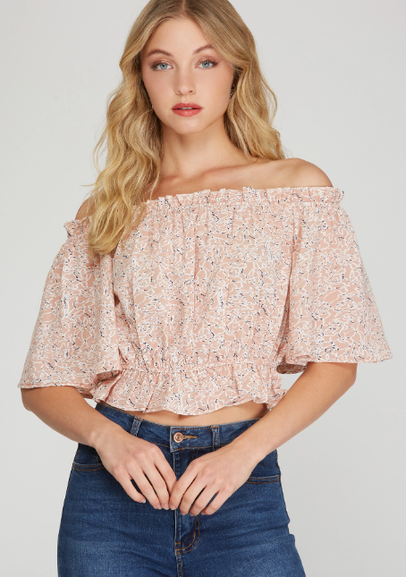 Pink Rose Off the Shoulder Woven Print Crop Top