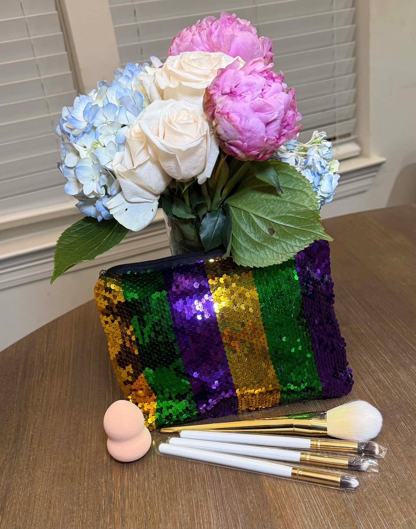 Purple Green and Gold lined Stripe Sequin Mardi Gras Make up Bag