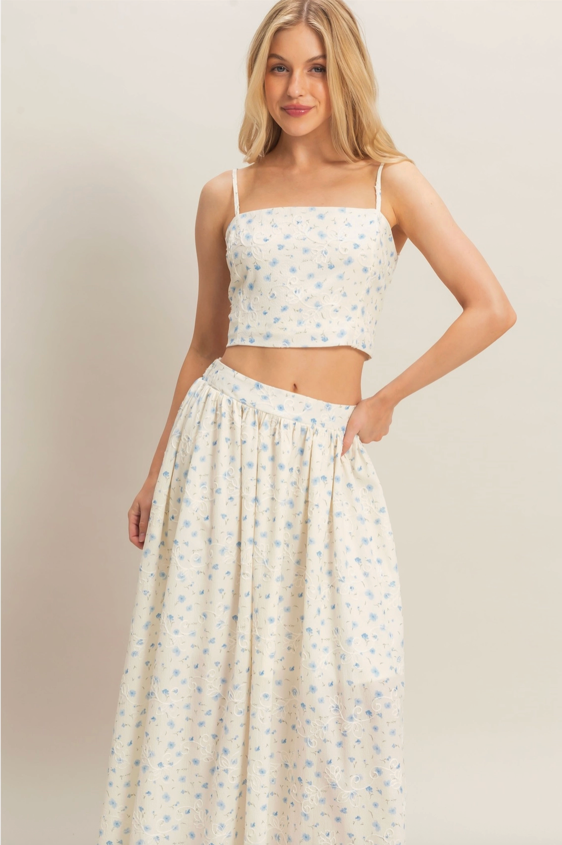 Off White and Blue Floral Embroidered Top and Bottom Maxi Set